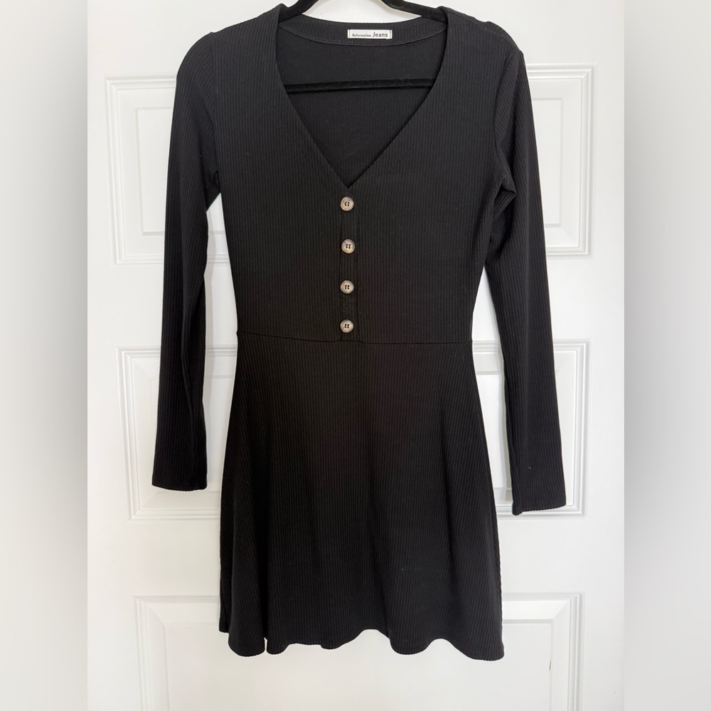 Reformation Black Ribbed V-Neck Button Front Dress